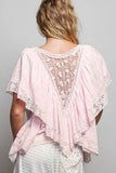 Lace Trim V Ruffle Detail Textured Woven Short Sleeve Top: PALE BLUE / S