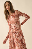 Floral Mesh Fit-and-Flare Boat-Neck Midi Dress: BROWN / M