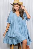 V-Neck 100%Tencel Chambray Tiered Dress VD81038A: Light Denim / L