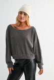Raw Edge Waffle Knit Boatneck Pullover: CAMO GREEN / S:M:L (2:2:2)
