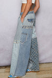 Lace-overlay waistband detail contrast denim woven pants: DENIM MULTI / L