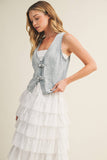 LIGHT WASH DENIM VEST WITH BUCKLE CLOSURE: LT.DENIM / S