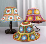Granny Square Sun Hat Floral Straw Bucket Hat: CYellow / M