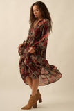 Floral-Print Tiered Ruffle Long-Sleeve Midi Dress: RETRO BLUE / L