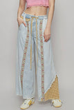 Contrast buckle back detail floral trim down woven pants: STRIPE DENIM / M