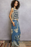 Floral Embroidered Patches Butterfly Patchwork Woven Pants: BLACK STRIPED MULTI / M