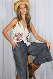 Flared Ruffle Hem Washed Chambray Crop Denim Pants VP83186: Black Denim / S