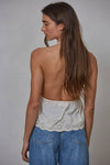 W2091 | Knit Cotton Eyelet Halter Plunge V-Neck Top: Cream / M