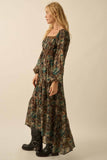 Floral Button-Front Tiered Ruffle Maxi Dress: Chocolate / S