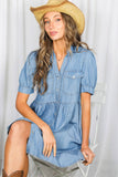 Short Sleeve 100%Tencel Chambray Denim Casual Dress VD83372: Denim Blue / M
