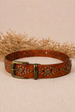 Wide brown leather belt with studs