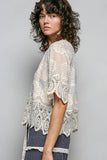 Crochet Trim Neckline Short Sleeve Jacket Top: NATURAL / Os