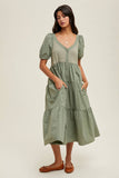 PUFF SLEEVE BUTTON-UP MIDI DRESS / WL25-10536: OLIVE / L