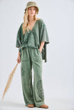 Mineral Washed Doily Boho Pancho Vneck top HT6680: Olive