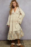 Long sleeve double gauze crochet spangle trim woven dress: NATURAL / S