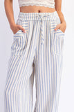 STRIPE SOFT WASH LINEN BLENDED PANTS: Black/Natural / S-M-L(2-2-2)
