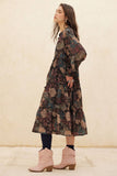 Floral-Print Tiered Ruffle Long-Sleeve Midi Dress: RETRO BLUE / L