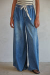 BD283 | Denim Drawstring Waist Band Wide Leg Pants: Light Denim / S