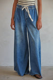 BD283 | Denim Drawstring Waist Band Wide Leg Pants: Light Denim / S