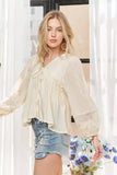 CET3887 - SOLID LONG SLEEVES TOP WITH EYELET: Beige / S-M-L(2-2-2)