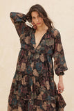 Floral-Print Tiered Ruffle Long-Sleeve Midi Dress: RETRO BLUE / L