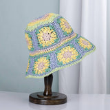 Granny Square Sun Hat Floral Straw Bucket Hat: CYellow / M
