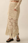 Crochet-Knit Lace Fringe Maxi Skirt: NATURAL / M