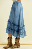 ASYMMETRICAL RUFFLE MIDI SKIRT - 6606S: DENIM / M