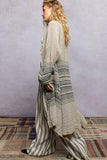 V-Neck Solid Stripe Linen Long Sleeve Cardigan: NATURAL MULTI / M