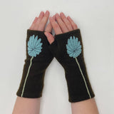 Fingerless Cashmere Gloves-Mum: Aqua on Olive / One Size Fits Most