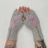 Fingerless Cashmere Gloves-Double Blooming Rose: Orange on Green / One Size Fits Most