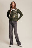 Floral Embroidered Puff Sleeve Cardigan: Dark Olive / L