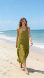 Sleeveless long dress 100% linen REF. 8466: WASABI