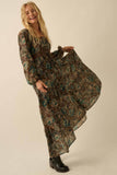 Floral Button-Front Tiered Ruffle Maxi Dress: Black / L