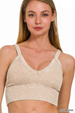 Stone Washed V Neck Seamless Cropped Bra Top: DK GREEN / 3-3 (S/M-L/XL)