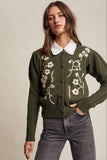 Floral Embroidered Puff Sleeve Cardigan: Dark Olive / S