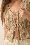 Pointelle Crochet-Knit Tie-Front Tank Top: CREAM / M