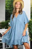V-Neck 100%Tencel Chambray Tiered Dress VD81038A: Light Denim / M