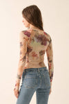 Floral-Print Mesh Long-Sleeve Thumbhole Top: Natural / L