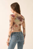 Floral-Print Mesh Long-Sleeve Thumbhole Top: Natural / L