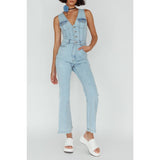 BUTTON FRONT WASHED BLUE JUMPSUIT / SR0935J: Black / S