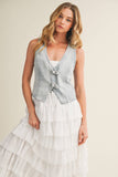 LIGHT WASH DENIM VEST WITH BUCKLE CLOSURE: LT.DENIM / S