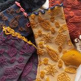 Vintage Embossed Floral Ruffle Cuff Mid Calf Socks: Yellow / M