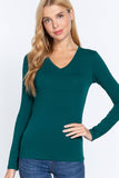 Basic Solid Long Sleeve V Neck Top: CELADON GREEN / 2-2-2 (S-M-L)