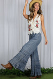 Flared Ruffle Hem Washed Chambray Crop Denim Pants VP83039: Washed Denim / M