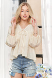 CET3887 - SOLID LONG SLEEVES TOP WITH EYELET: Beige / S-M-L(2-2-2)