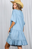 V-Neck 100%Tencel Chambray Tiered Dress VD81038A: Light Denim / M