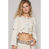 Cropped long sleeve solid crochet top: NATURAL / OS