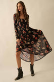 Floral-Print Mesh Smocked Long-Sleeve Maxi Dress: BLACK / S