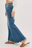MID-RISE WIDE-LEG FRAYED HEM DENIM JEANS: DENIM BLUE / Contemporary / L
